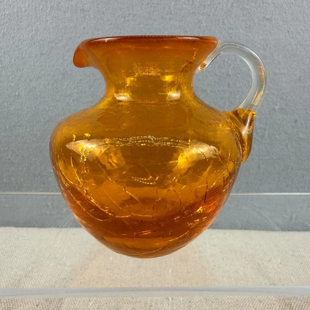 Vintage Amber Crackle Glass Mini Pitcher 3 Inch Hand Blown‎ Decorative Vase